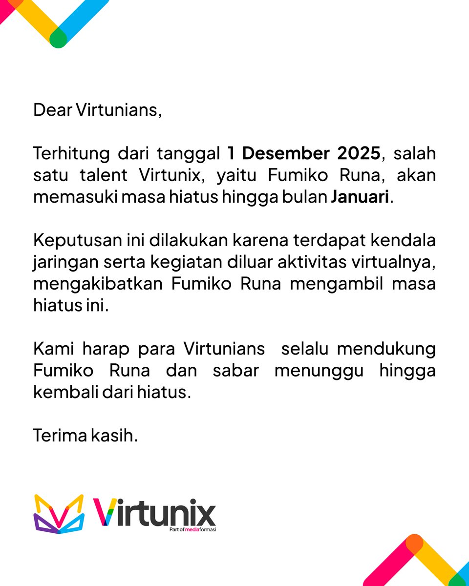 Pengumuman terkait aktivitas streaming <a href="/FumikoRuna/">Fumiko Runa 💸🌙【Virtunix】</a> 

#Virtunix #VTuber #VTuberID #fumikoruna