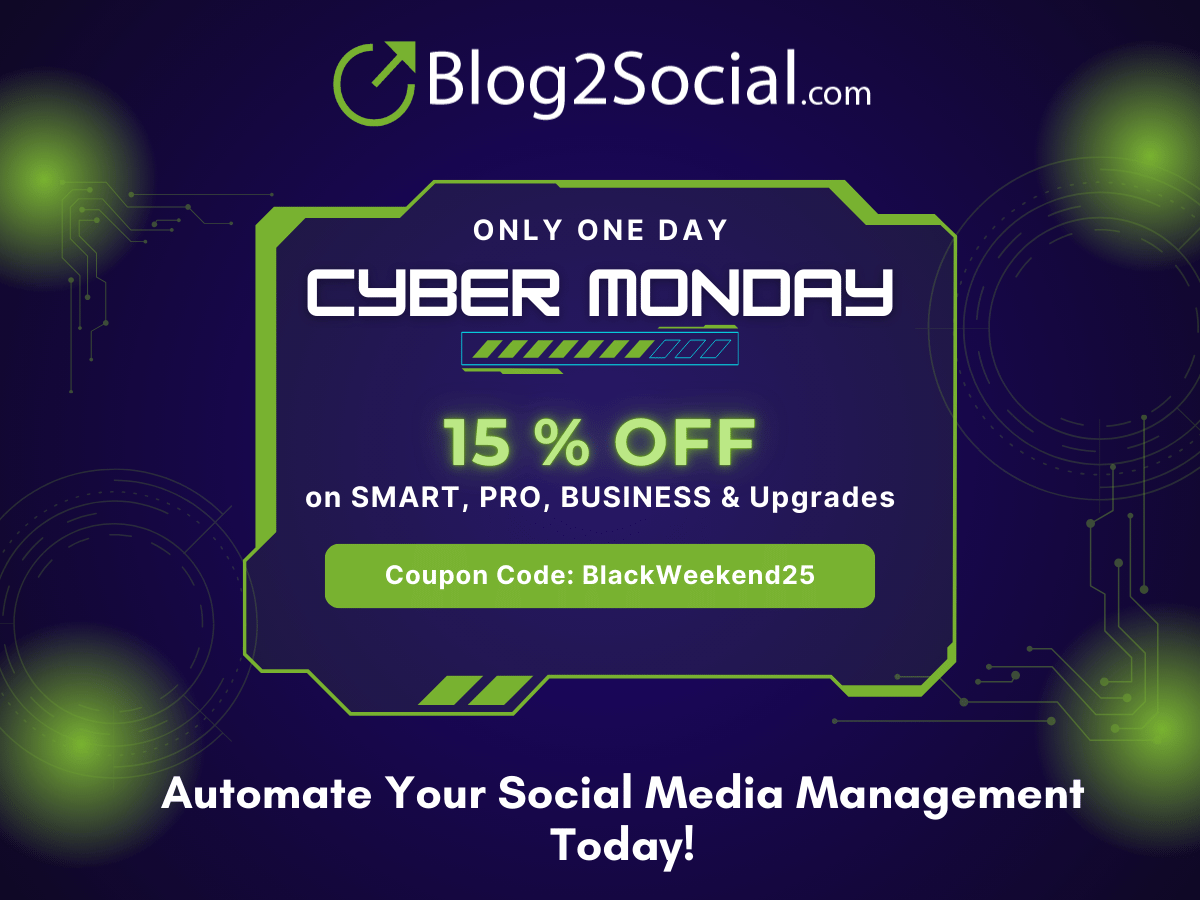 ⚡ Last Chance: Cyber Monday Deal – Automate your social media workflow and post smarter across all platforms and save 15 % on all Blog2Social SMART, PRO &amp; BUSINESS plans today only. Valid only on December 1, 2025 🎟️ Code: BlackWeekend25
blog2social.com