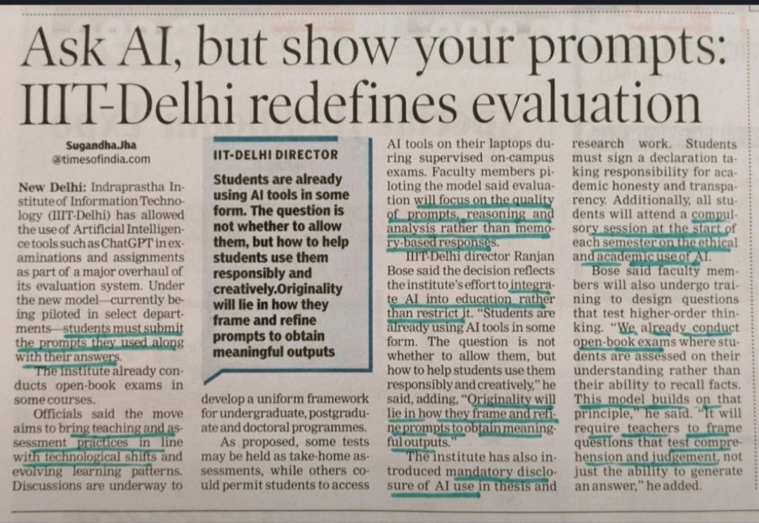 IIIT-Delhi now allows AI tools like ChatGPT in exams—students must submit their prompts. Focus shifts from answers to reasoning. Libraries play a key role by teaching AI literacy, prompt skills, and ethical use. Source: Times of India.