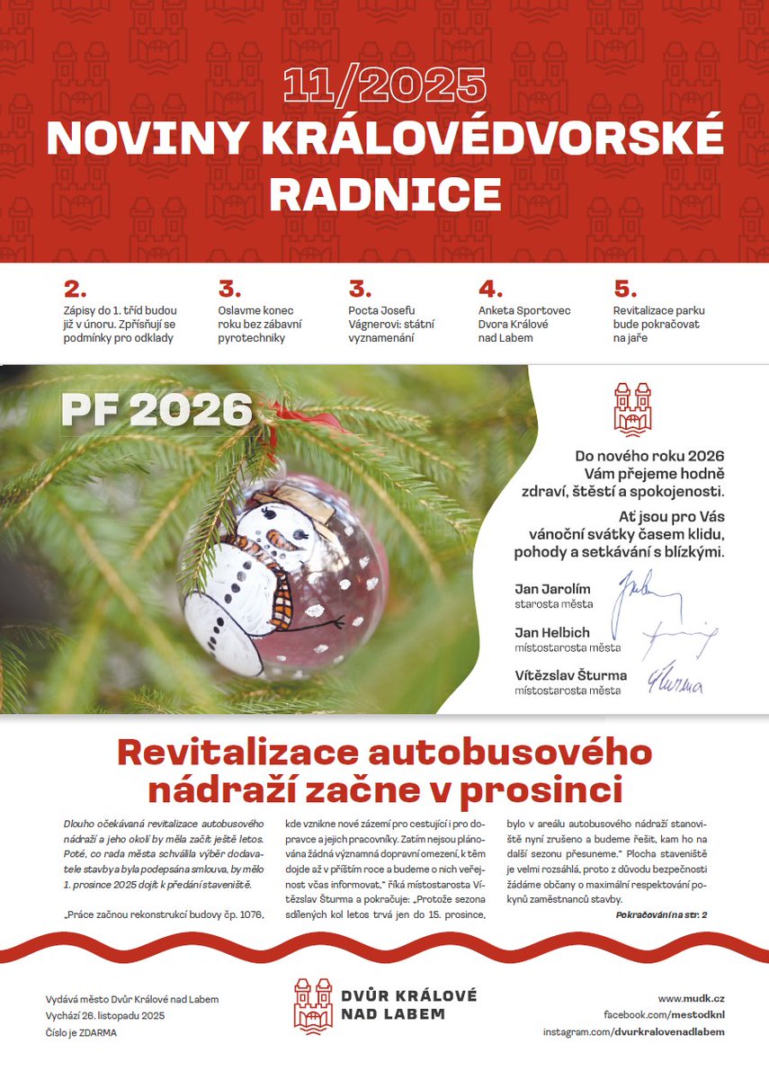 🗞️Vyšly Noviny královédvorské radnice č. 11/2025 s přílohou KdeCo prosinec 2025 a s odpadovým kalendářem na rok 2026 a brožurou pečovatelské služby. NKR (bez kalendáře a brožury) jsou k dostání i v IC ve Švehlově ul. a na recepci MěÚ.
NKR lze číst na ➡️🌐mudk.cz/cs/radnice/nov…