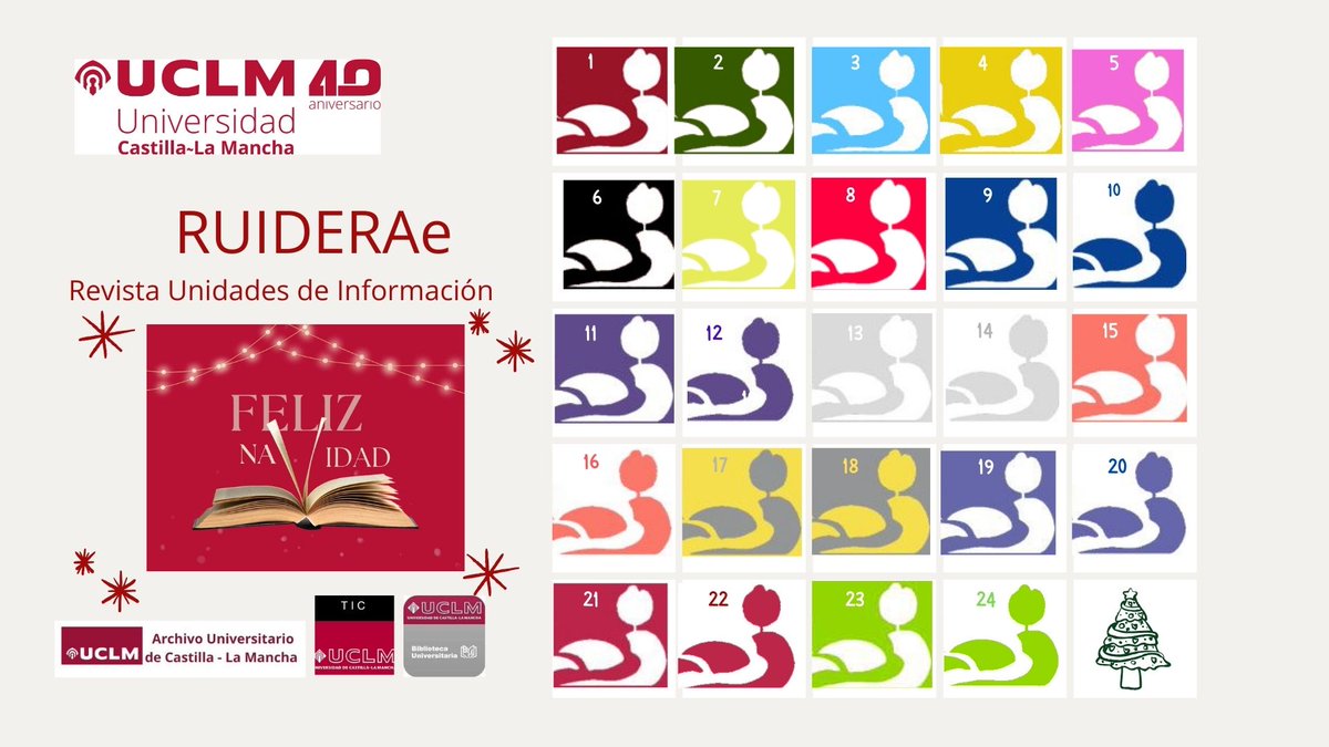 ¡¡Nos preparamos para la Navidad y el calendario de adviento nos indica que comienza la cuenta atrás!!
Quedan 24 días, al igual que los 24 números publicados en nuestra revista RUIDERAe: Revista de Unidades de Información. 
Visítala en: 
uclm.es/areas/asistenc…
#Ruiderae