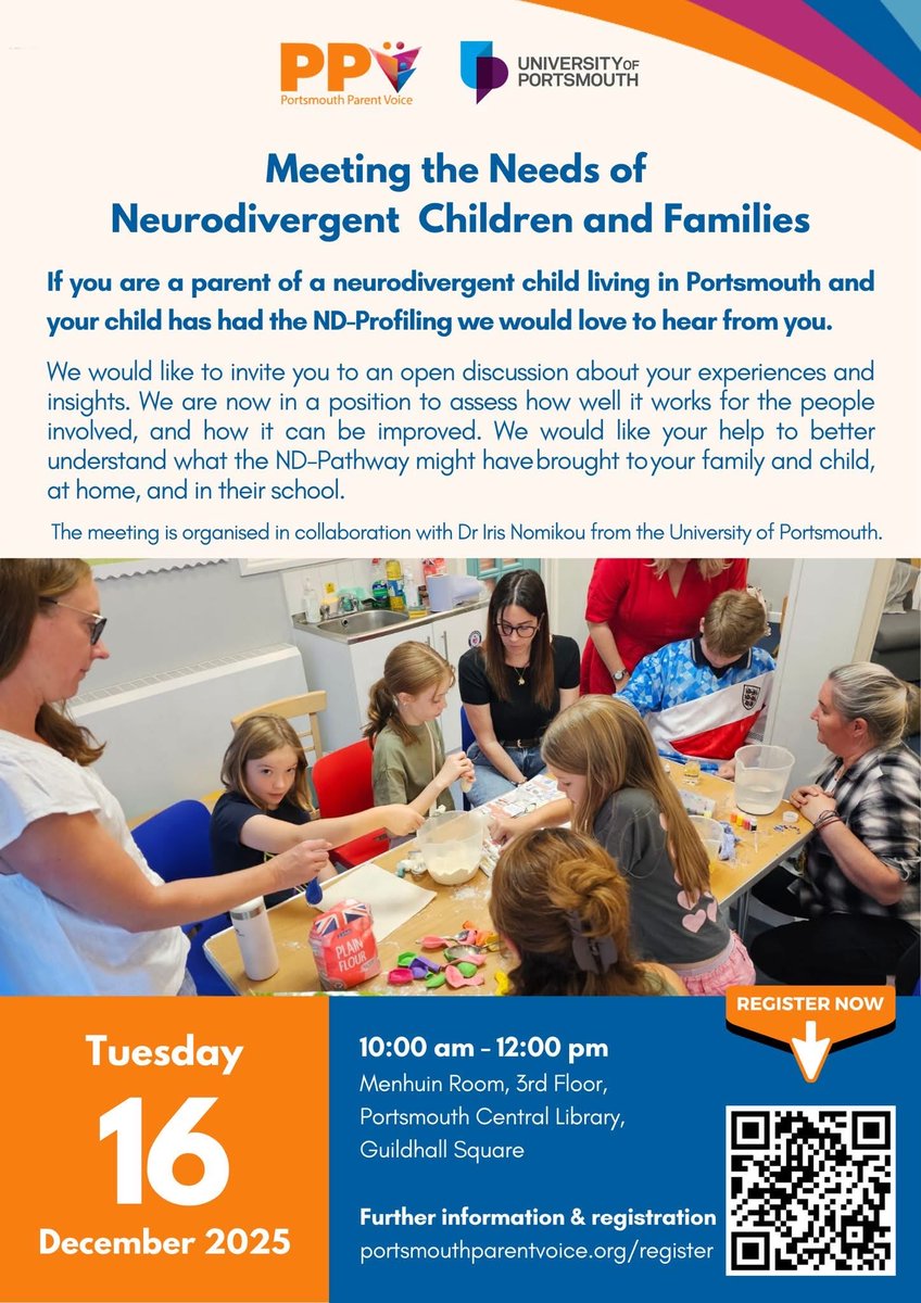 Meeting the Needs of Neurodivergent  Children and Families

Families will receive a voucher as a thank you for giving up their time. 

Please register before 9th December 2025

Further information portsmouthparentvoice.org/register