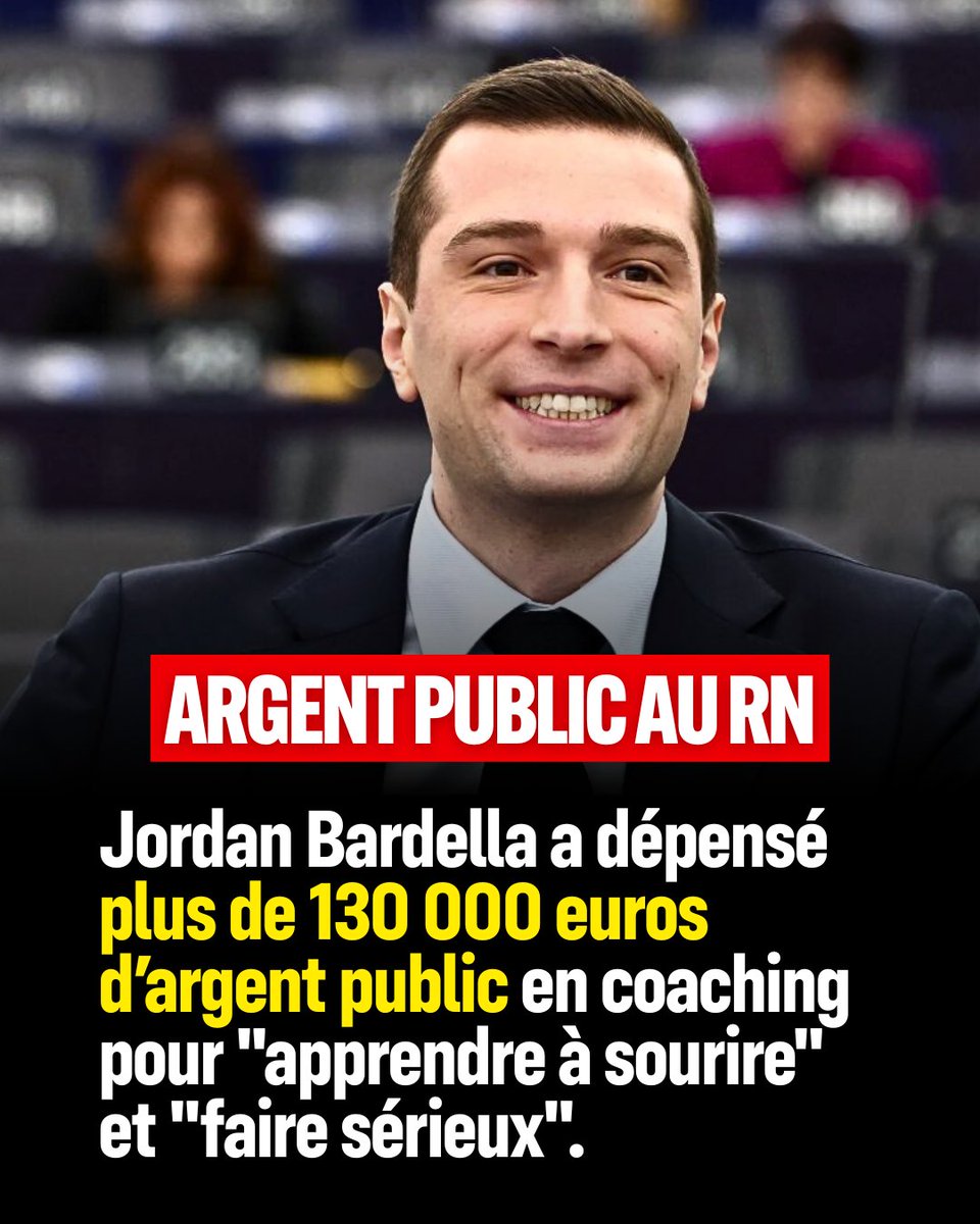 Clemence_Guette's tweet image. Jordan Bardella a dépensé plus de 130 000 euros en coaching pour &quot;apprendre à sourire&quot; et &quot;faire sérieux&quot;.

130 000 euros d&apos;argent public, celui du Parlement européen. Votre argent.

Ces gens ne servent pas les Français. Ils se servent dans leurs poches.