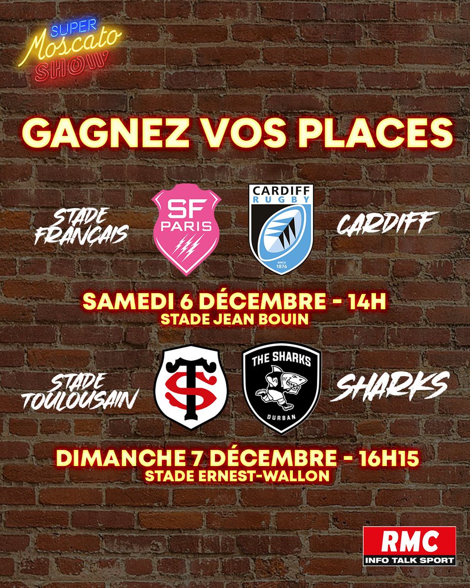 🎁 JEU CONCOURS

🎟️ Tentez de remporter vos places pour assister à la 1ère journée de Challenge Cup et la 1ère journée de la Coupe des Champions.

🍀 Pour participer, RT + Follow <a href="/Moscato_Show/">Super Moscato Show</a>, et commente le match auquel tu souhaites assister. Bonne chance l'équipe !