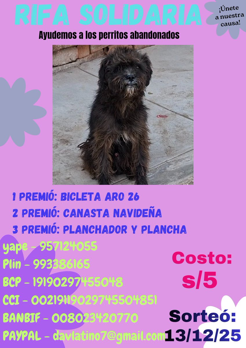 Luchando por darles lo mejor a esos lomitos que tanto lo necesitan, ayudemos a pudin un perrito abandonado qué necesita tratamiento para su piel, ayudalo comprando una rifa el costó es de 5 soles sorteó esté 13 de diciembre tambien dale RT.
Meta: medicina, alimentó y temporal.