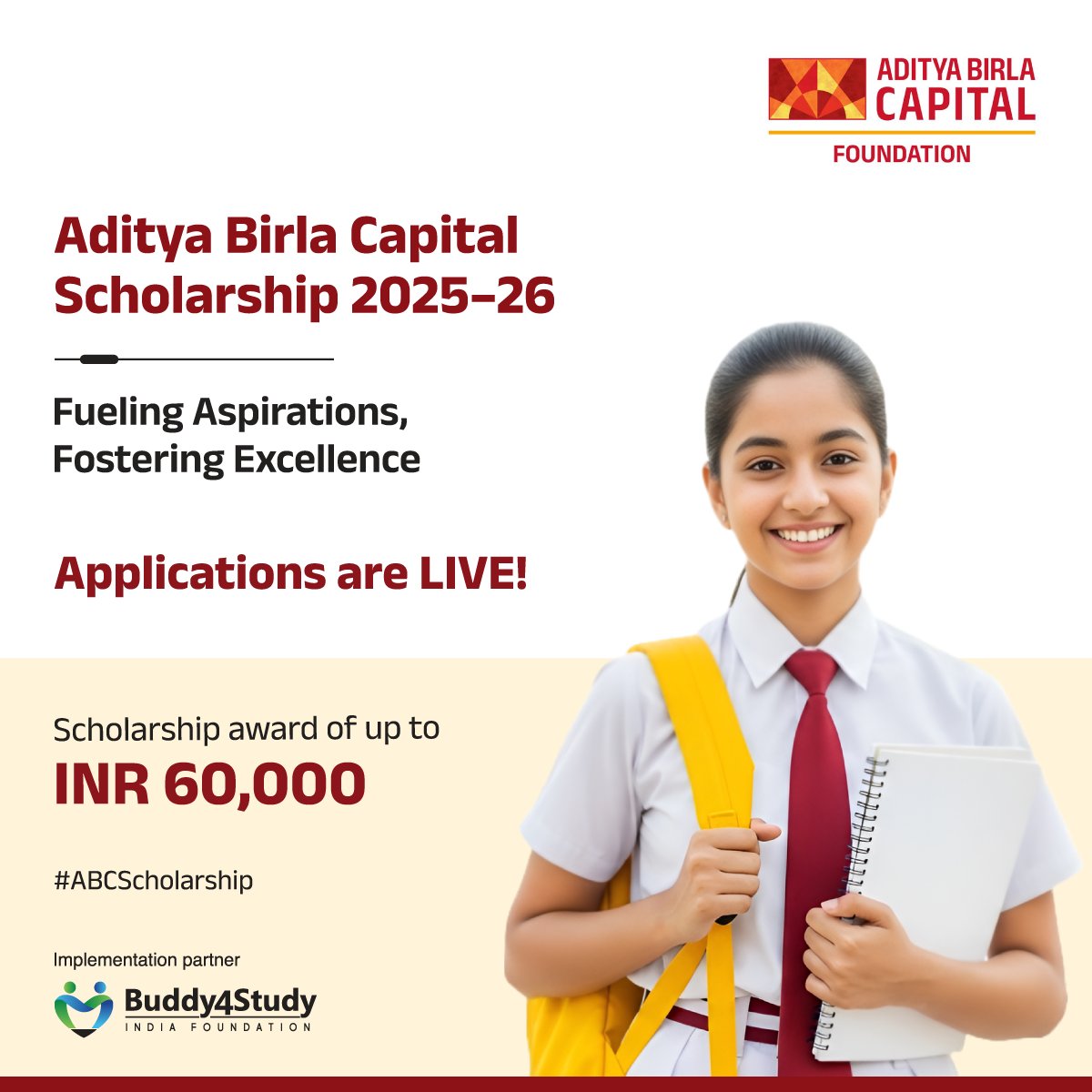 The stage is set, the doors are open.

We are proud to present the Aditya Birla Capital Scholarship Programme 2025-26, designed to uplift the academic journeys of young women from Class 9 to post-graduation.

Beyond financial aid, this programme nurtures with mentorship, ensuring