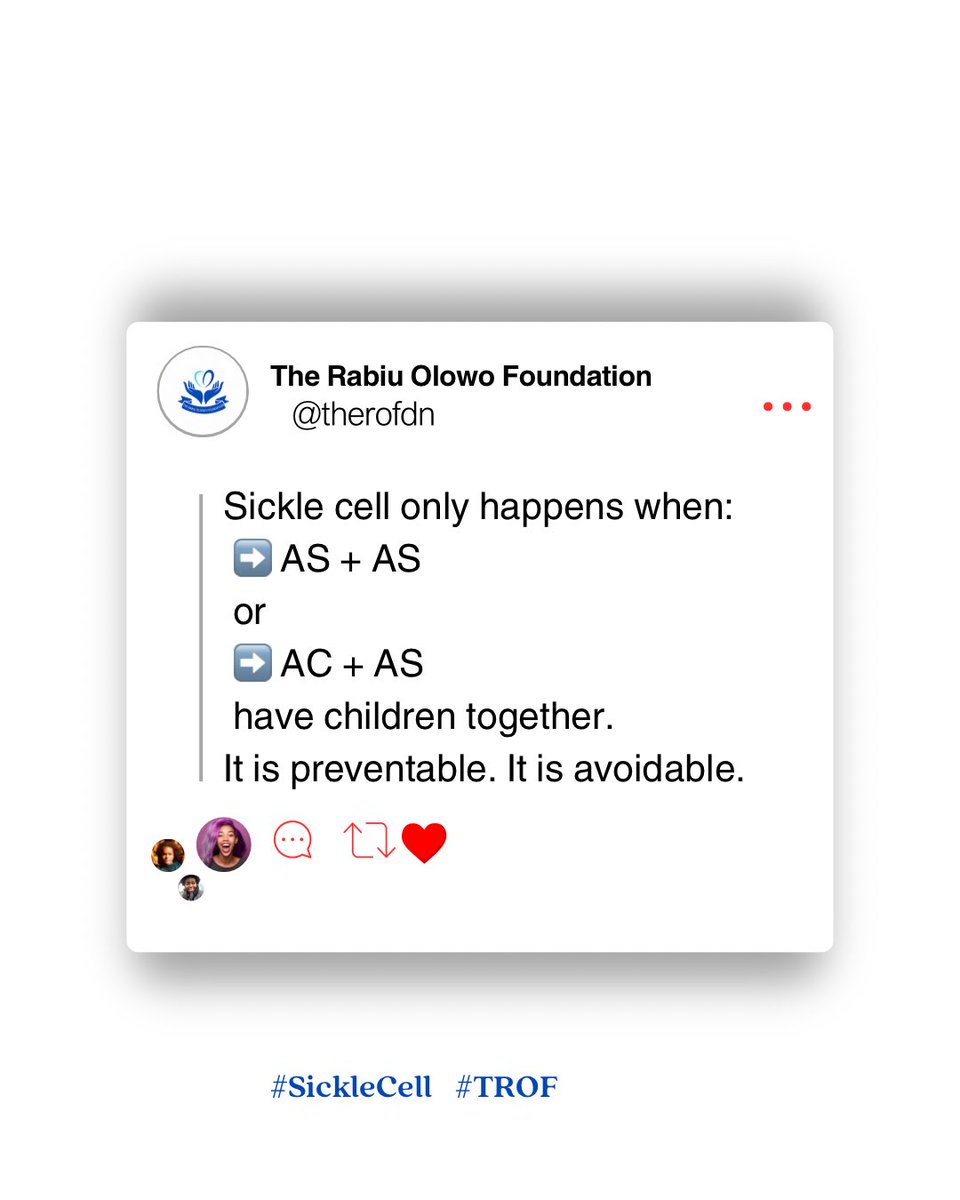 therofdn's tweet image. It happens when two carriers have children without knowing their genotype.

📌. It’s preventable.
📌. Genotype compatibility matters.
📌. Get tested before marriage.
#trof