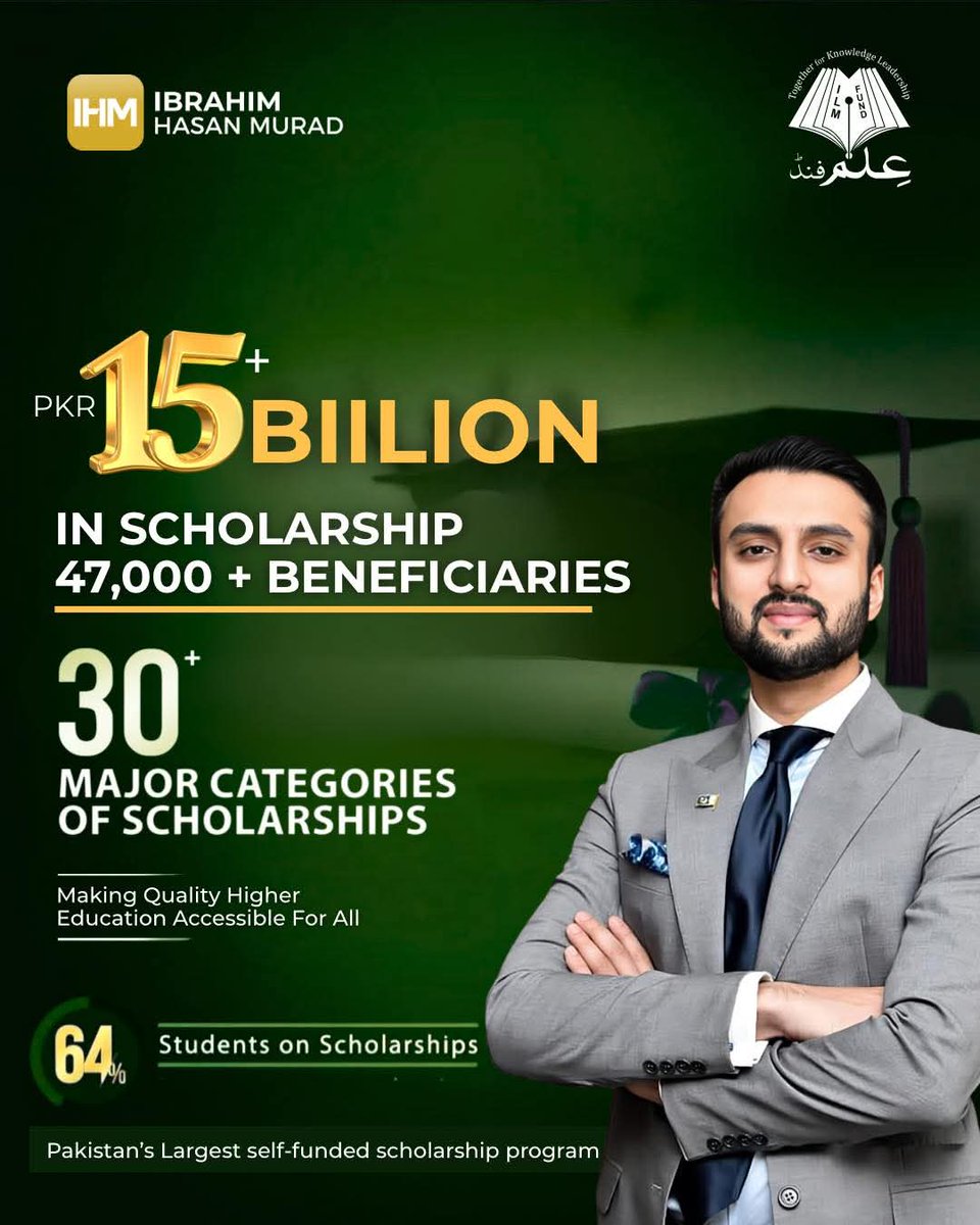 PKR 15+ Billion in Scholarships 
Pakistan's 'Largest Self-Funded Scholarship Program:
30+ Tailored Scholarship Categories!     47,000 + beneficiaries 
From orphans to high-achievers, from financial need to academic merit - ILM Fund ensures no deserving student is left behind.