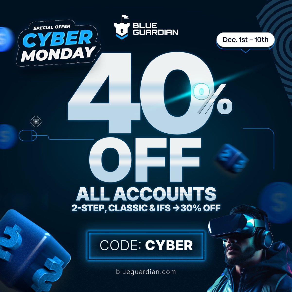 Hunter_Fx1's tweet image. Don&apos;t worry if you miss 𝐁𝐋𝐀𝐂𝐊𝐅𝐑𝐈𝐃𝐀𝐘 sale

40% OFF 𝐂𝐘𝐁𝐄𝐑 𝐖𝐄𝐄𝐊 sale is here! 🎉

🖤 All Accounts 40% OFF (excl. 2-step &amp;amp; IFstarter)
🖤 Instant Payouts for Instant Funding accounts
🖤 MT5 and 2 other platforms

Get funded now 👉 blueguardian.com/?afmc=HUNTER