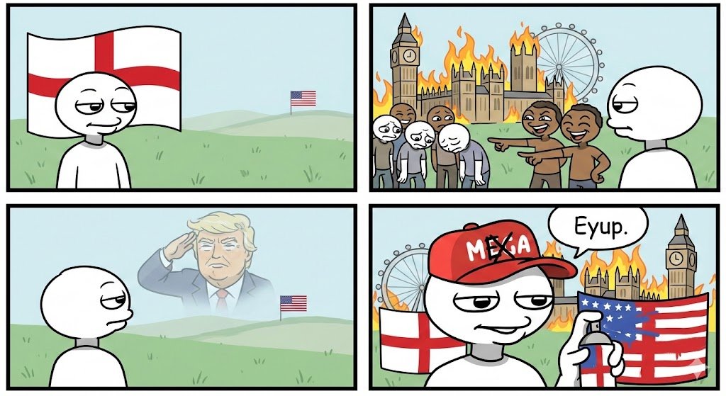 Hey, <a href="/stonetoss/">Stonetoss Comics</a>. How much to commission you to make this an actual comic?
The UK is burning down around us, we're being replaced by the 3rd world and our own government is punishing us if we so much as pretend to notice.
Dude in the 4th panel was meant to be turning the St. Johns