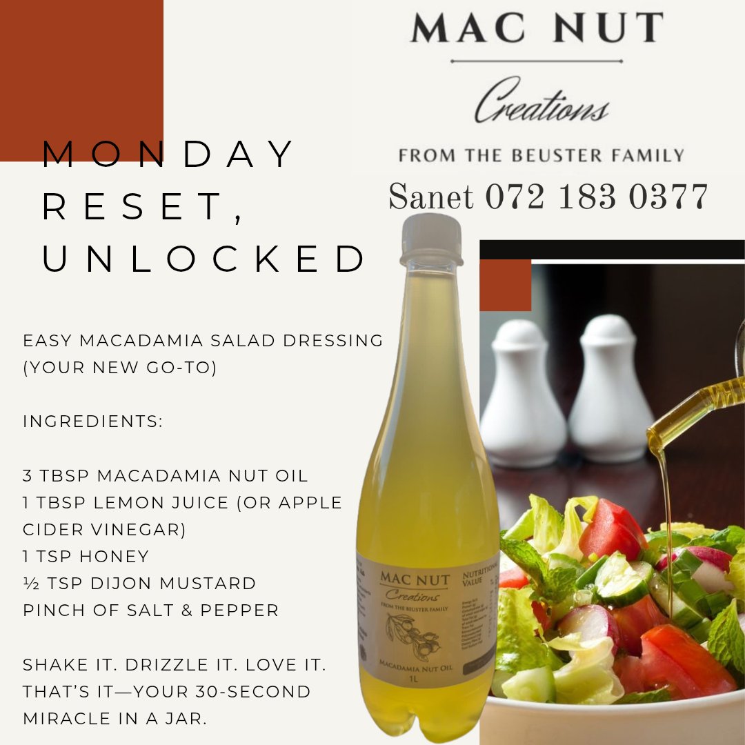 Suzettefire's tweet image. Monday reset, unlocked. 🥗

👉 Simplify your week! Tap to chat with Sanet on WhatsApp:
wa.me/+27721830377
and grab your bottle.

#MacNutCreations #MondayReset #SaladHero #MacadamiaOil #HealthyInAHurry #PantryHero