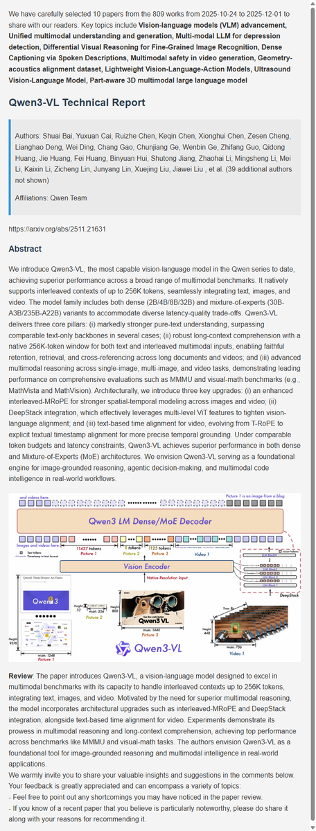 BayCoralee26992's tweet image. LMM latest research progress | 1. Qwen3-VL Technical Report
#AI  #DeepLearning  #ArtificialInteligence  #Datascience  #Research  #MLLM  #MultimodalAI  #Multimodal