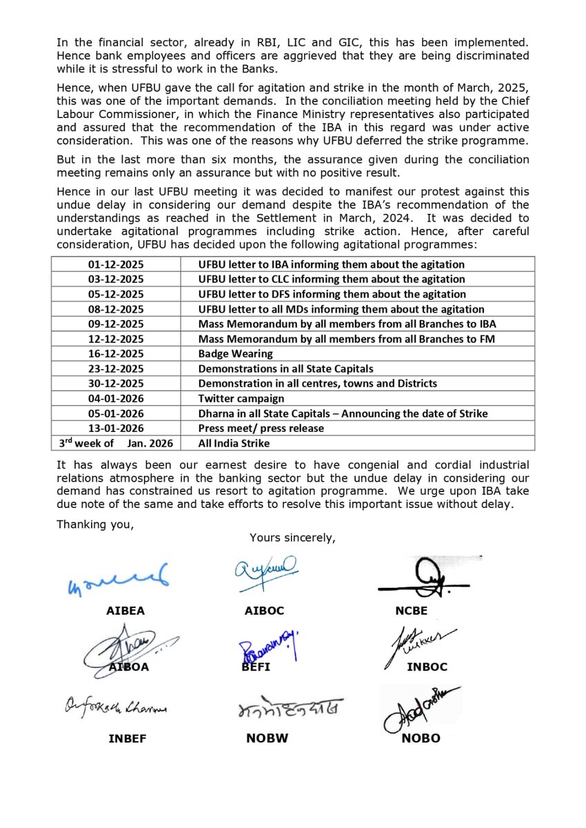 Letter to IBA Chairman informing them UFBU Agitation Programme for 5 Working Day per Week

#UFBU #5daysbanking 

#AIBOA

<a href="/DFS_India/">DFS</a> <a href="/FinMinIndia/">Ministry of Finance</a> <a href="/LabourMinistry/">Ministry of Labour & Employment, GoI</a> <a href="/PMOIndia/">PMO India</a> <a href="/ChiefIba/">IBA_Chief_Executive</a>