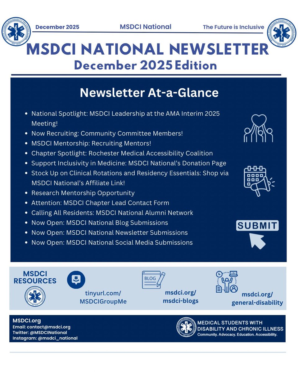 MSDCINational's tweet photo. Our December 2025 newsletter is out now! ❄️

For those of you subscribed to our mailing list, check your email for the full newsletter! 📩

If you aren’t subscribed yet, please visit https://t.co/utGtwahtpc

#DisabilityInMedicine #DisabilityPride #DocsWithDisabilities https://t.co/W3zyH75oVy
