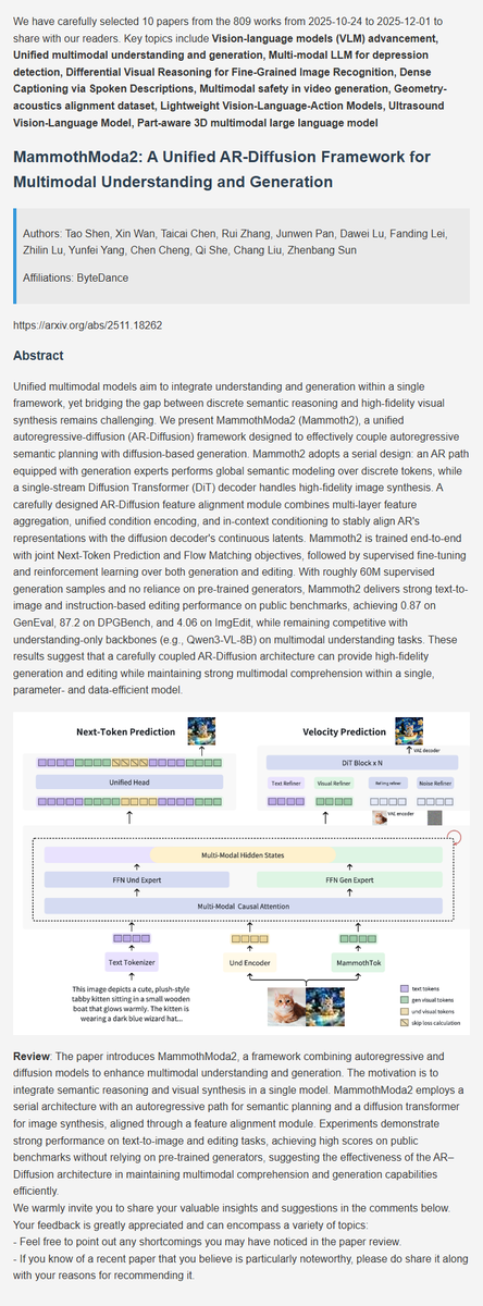 BayCoralee26992's tweet image. LMM latest research progress | 2. MammothModa2: A Unified AR-Diffusion Framework for Multimodal Understanding and Generation
#AI  #DeepLearning  #ArtificialInteligence  #Datascience  #Research  #MLLM  #MultimodalAI  #Multimodal