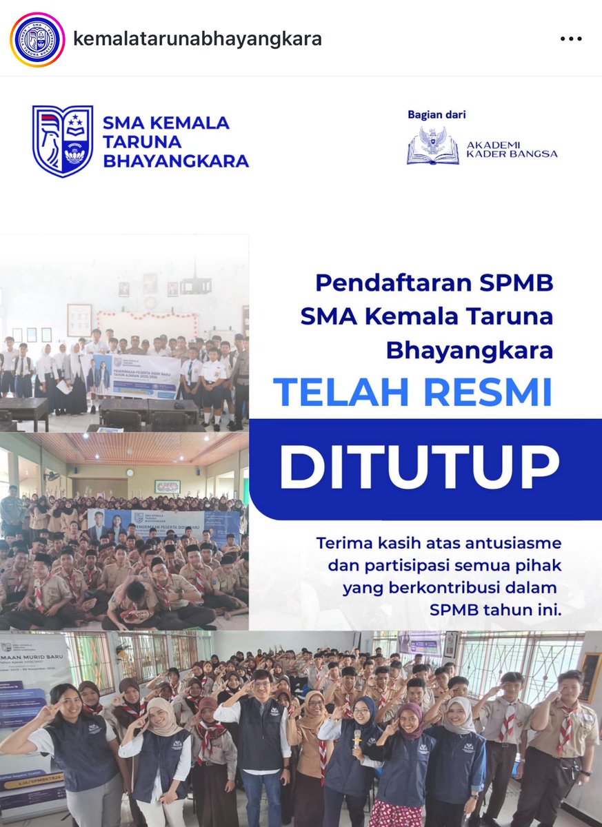 bagsdm1's tweet photo. PENDAFTARAN SPMB SMA KEMALA TARUNA BHAYANGKARA TELAH RESMI DITUTUP https://t.co/mjuuOoUx1R