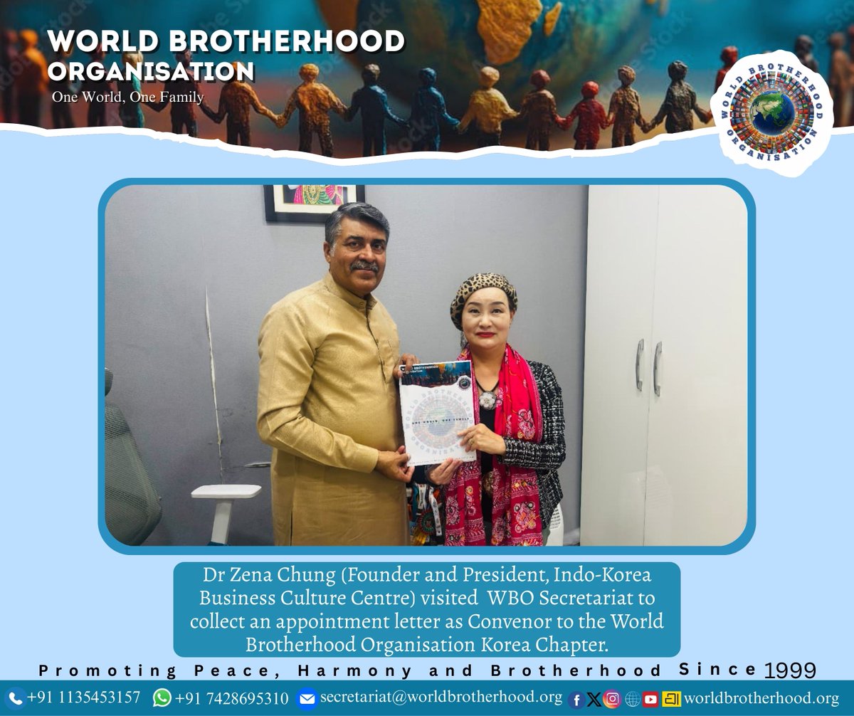 worldbrotherorg's tweet photo. Dr Zena Chung (Founder and President, Indo-Korea Business Culture Centre) visited WBO Secretariat to collect an appointment letter as Convenor to the World Brotherhood Organisation Korea Chapter. https://t.co/z6WXW1Plfv