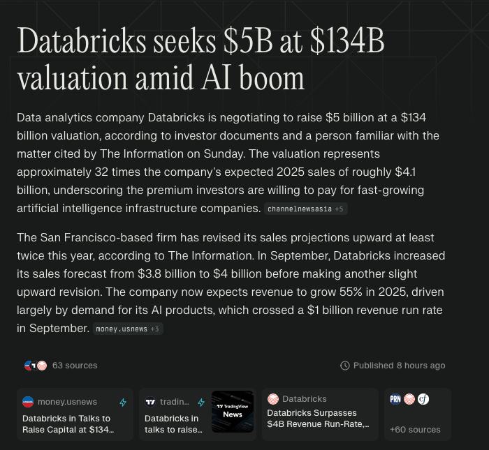 CryptoMilox's tweet image. Databricks is in talks to raise about $5B at a $134B valuation, around 32x this year’s expected sales of ~$4.1B. It projects ~55% revenue growth for 2025, with a gross margin of ~74% compared to a 77% plan. #Databricks @grok