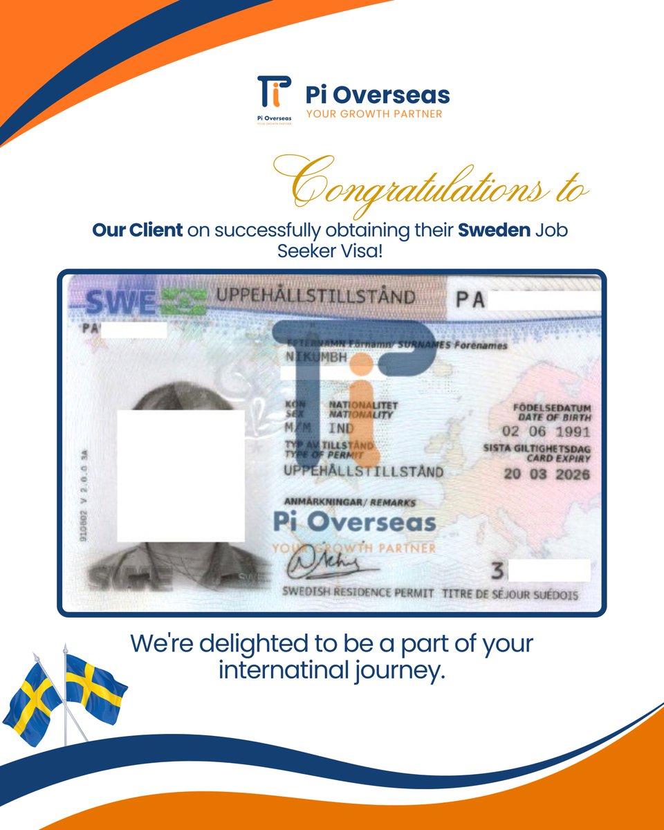 PiOverseas's tweet image. Another milestone unlocked! 
Big cheers to our client for securing their Sweden Job Seeker Visa! 🇸🇪   
Team Pi Overseas wishes you endless success as you take the next big step in your global career journey.    
#SwedenJobSeekerVisa #VisaSuccess #WorkInSweden #pioverseasreviews