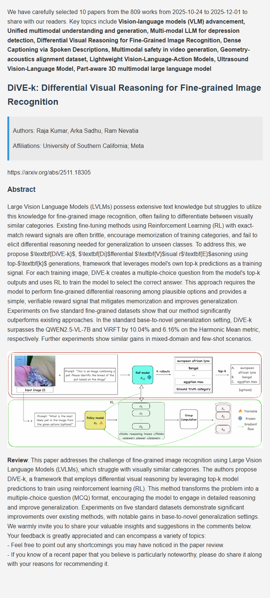 BayCoralee26992's tweet image. LMM latest research progress | 4. DiVE-k: Differential Visual Reasoning for Fine-grained Image Recognition
#AI  #DeepLearning  #ArtificialInteligence  #Datascience  #Research  #MLLM  #MultimodalAI  #Multimodal