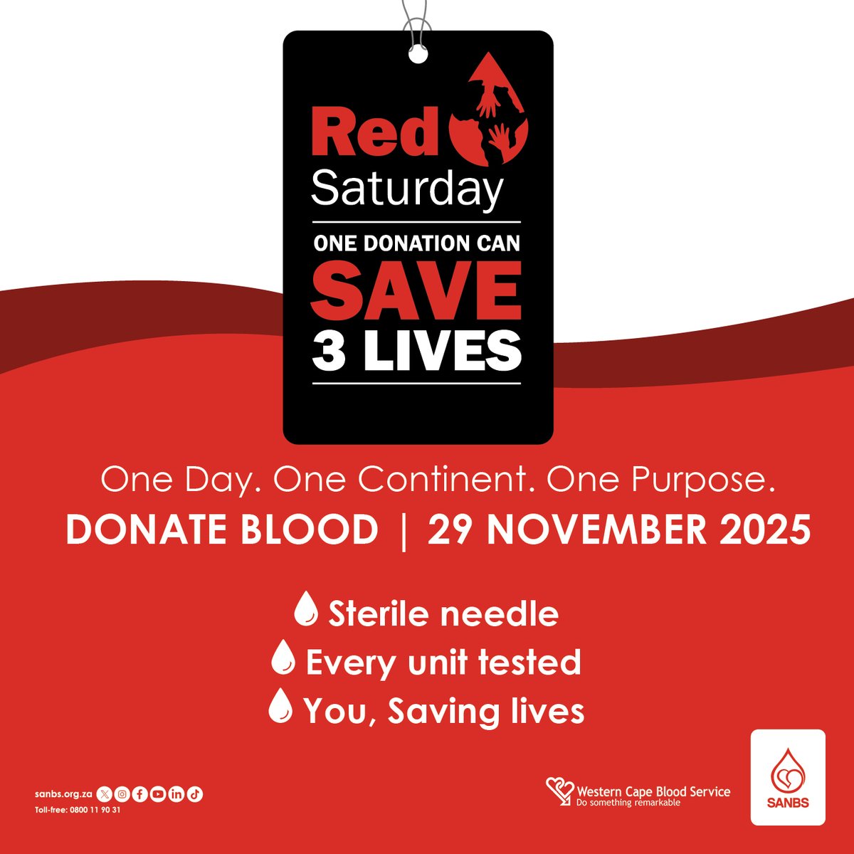 theSANBS's tweet image. A big thank you to all donors who joined #RedSaturday!  

Whether it’s your first donation or your 50th, SANBS keeps every donation safe — using a sterile needle each time and testing every single unit. 

#AfricaUnites