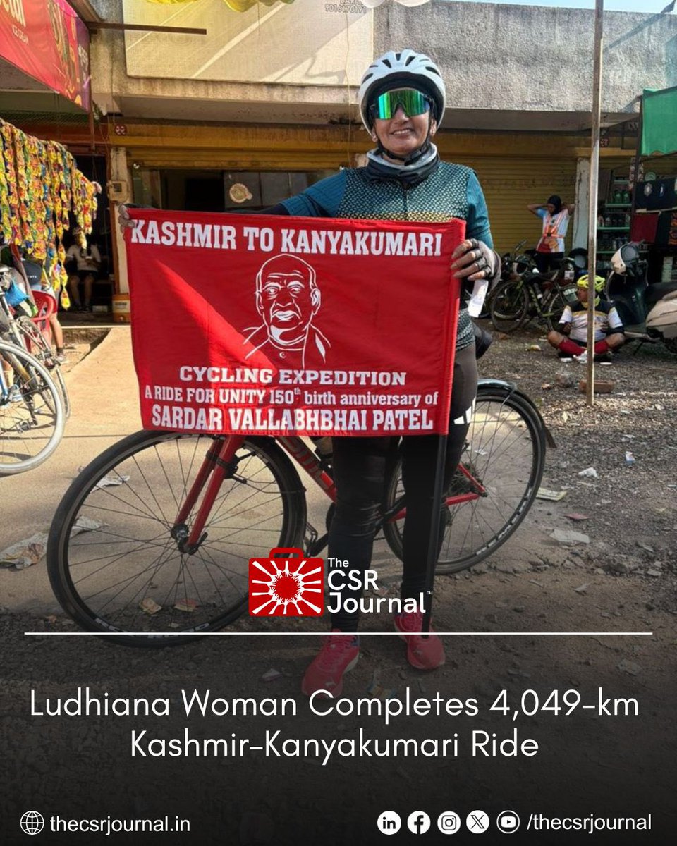thecsrjournal's tweet photo. Megha Jain, a 44-year-old cyclist from Ludhiana, completed a remarkable 4,049-kilometre journey from Kashmir to Kanyakumari with a national team marking Sardar Patel’s 150th birth anniversary.#RideForUnity #MeghaJain #FitIndia #CyclingIndia #Unity #SardarPatel150 https://t.co/9v5wdKDmcz