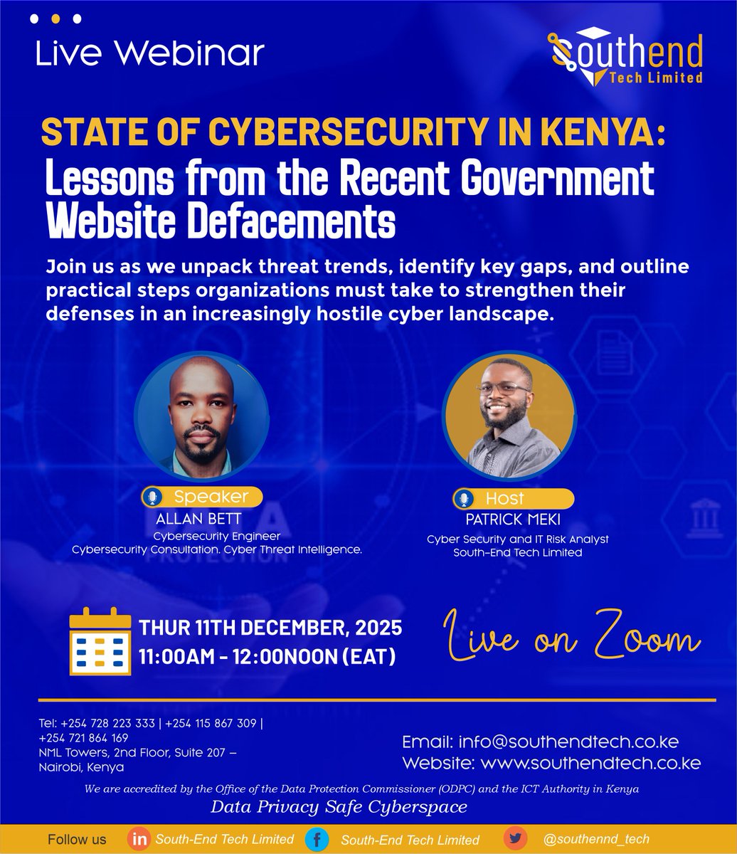 southend_tech's tweet image. Recent gov&apos;t website breaches in Kenya exposed critical gaps.
Join our accredited webinar on Dec 11 to:
▶️ Unpack threat trends
▶️ Identify security weaknesses
▶️ Learn actionable defenses
Register here:us06web.zoom.us/meeting/regist…
#CyberSecurityKE #WebsiteProtection #ODPC