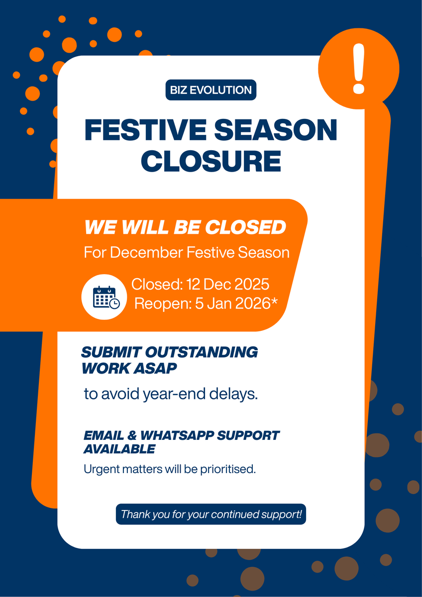 📢 Biz Evolution will be closed from 12 Dec–5 Jan.

Please submit all outstanding documents ASAP so we can finalise your year-end work before closure.
Email &amp; WhatsApp support available — urgent matters prioritised.
#Accounting  #TaxSeason #CHEARS #Chelsea #ReeceJames #AHiFambeni