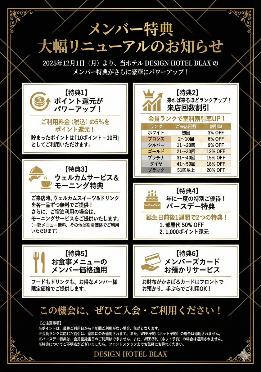 メンバー特典が超進化(*^O^*) ・室料の5％をポイント還元