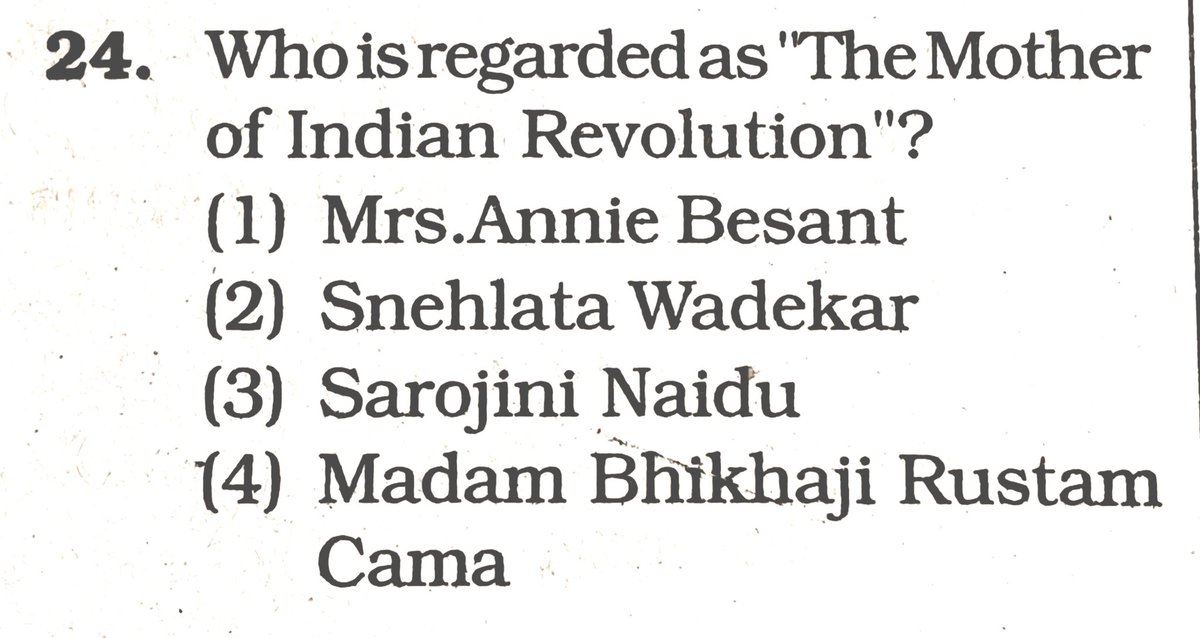 YBj_1's tweet image. General Knowledge🔔🔔🔔:

Who is regarded as &quot;The Mother of Indian Revolution&quot; ?

#Generalknowledge #UPSC #SSC #RRB #CompetitiveExams #BPSC #UPSCPrelims2026