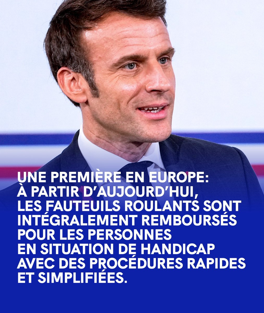 Promesse d’Emmanuel #Macron tenue : à partir d’aujourd’hui les fauteuils roulants sont intégralement remboursés. Une première en Europe. 🇫🇷🇪🇺