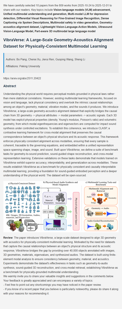 BayCoralee26992's tweet image. LMM latest research progress | 7. VibraVerse: A Large-Scale Geometry-Acoustics Alignment Dataset for Physically-Consistent Multimodal Learning
#AI  #DeepLearning  #ArtificialInteligence  #Datascience  #Research  #MLLM  #MultimodalAI  #Multimodal