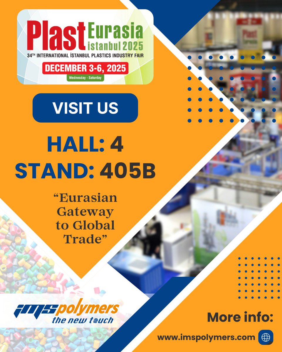 Plastic sector’s global meeting point, Plast Eurasia Istanbul Fair, kicks off this week. 

IMS Booth No.: 405 B — Hall 4
🗓️ December 3–6, 2025
📍 Istanbul, Turkey
--- 

#meeting #istanbul #IMSPolymers #TheNewTouch #RawMaterials #PlasticIndustry
