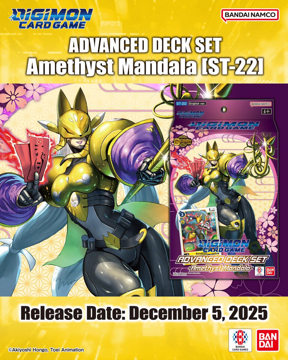 digimon_tcg_EN's tweet image. [Product]

Hello Digimon Tamers!
Advanced Deck Set AMETHYST MANDALA [ST-22]

In stores Dec. 5, 2025!
world.digimoncard.com/products/deck/…

Release Event Dec. 5 - 11, 2025
world.digimoncard.com/event/2025/rel…

#DigimonCardGame
#DigimonTCG
#Digimon