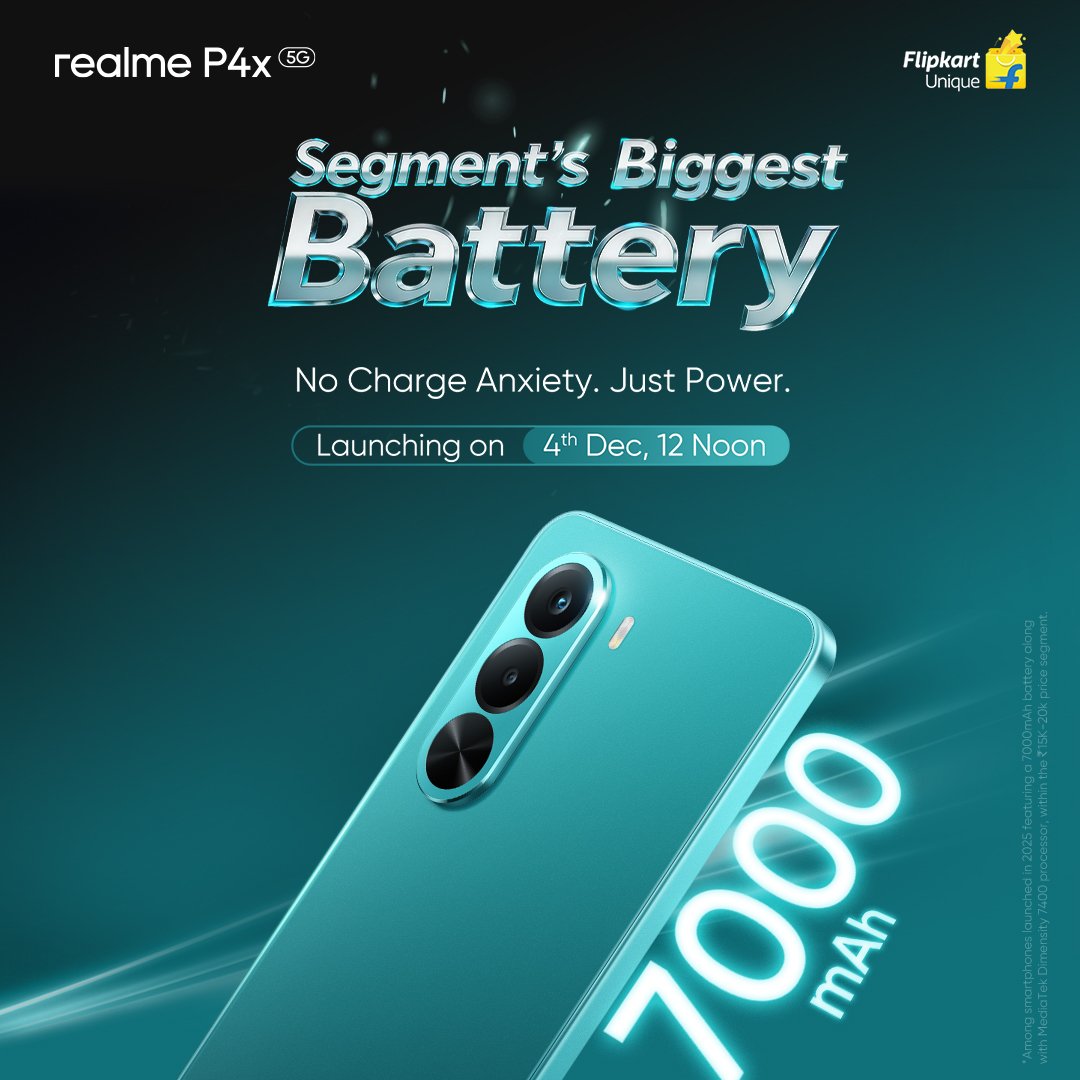 FoneArena's tweet image. realme P4x: Segment&apos;s biggest 7000mAh Titan battery, 45W charging teased ahead of India launch on Dec 4 fa2.in/jwrrd #realmeP4x