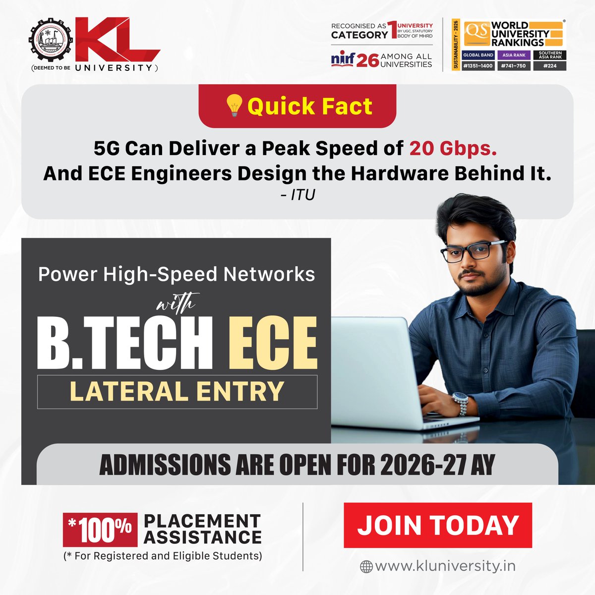 kluniversity's tweet image. Fast-track your ECE career with KLU’s B.Tech Lateral Entry. Gain hands-on expertise in 5G, IoT, VLSI, and next-gen electronics to build industry-ready skills for tomorrow’s high-speed networks

Admissions Open 2026–27
Apply: kluniversity.in/admissions-202…
#KLU #BTechECE