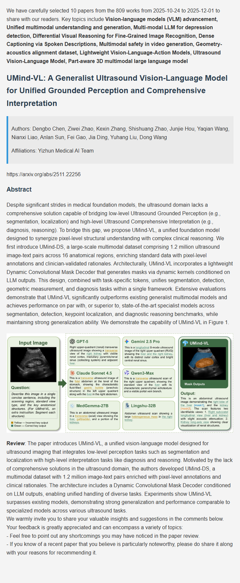 BayCoralee26992's tweet image. LMM latest research progress | 9. UMind-VL: A Generalist Ultrasound Vision-Language Model for Unified Grounded Perception and Comprehensive Interpretation
#AI  #DeepLearning  #ArtificialInteligence  #Datascience  #Research  #MLLM  #MultimodalAI  #Multimodal