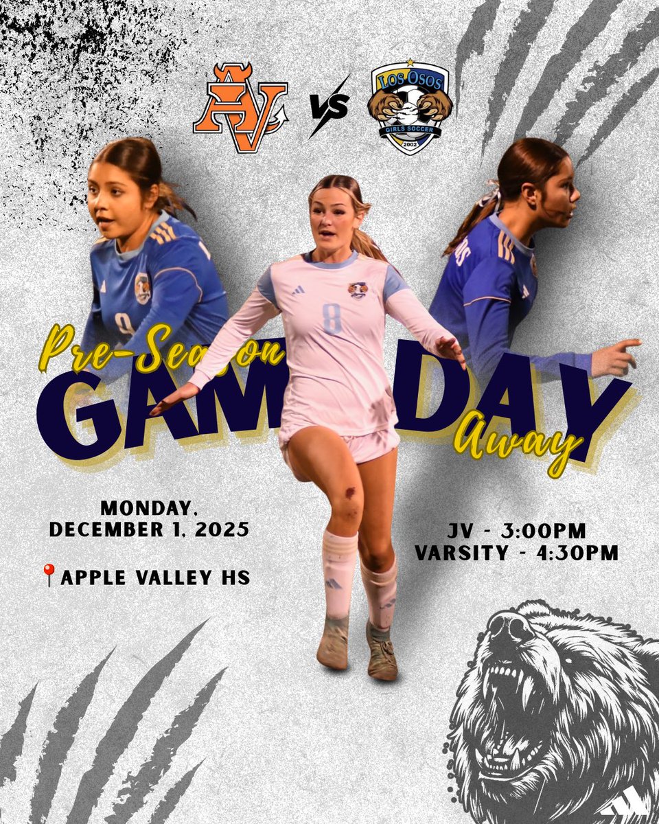OsosGirlsSoccer's tweet image. 2025-2026 High School season begins December 1st. JV at 3pm, Varsity at 4:30pm
📍Apple Valley High School 
Come out and support your lady grizzlies! #OsosSoccer #oneteam #oneprogram #ladygrizzlies #newseason #cif #jv #varsity #clawsup #hwpo