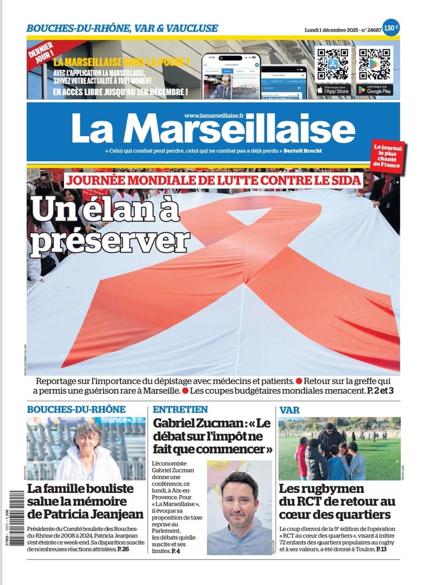 #ÀlaUne du 1er décembre 2025  #Sida #Prévention #CoupesBudgétaires #Pétanque #PatriciaJeanJean #Aix #TaxeZucman #Rugby #Var #RCT #Toulon
En kiosque et par abonnement sur lamarseillaise.fr