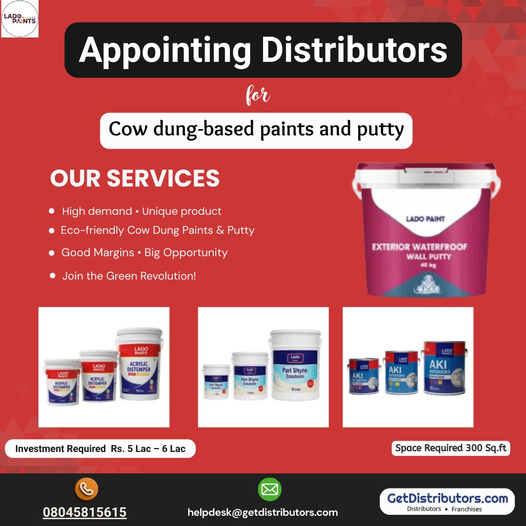 getdistributors's tweet image. Appointing #Distributors for cow dung-based paints and putty.
Brand 👉 #LadoPaints
Details 👉 getdistributors.com/tiny/RADIMO2oiC

★Investment : ₹ 5 - 6 Lac
★High margin products
★Marketing Support
✓Hurry to take #Distributorship !

#LadoPaintsPrivateLimited #Paints #Putty #Dealers