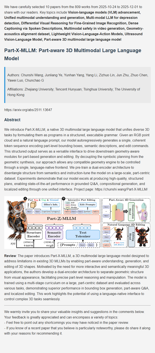 BayCoralee26992's tweet image. LMM latest research progress | 10. Part-X-MLLM: Part-aware 3D Multimodal Large Language Model
#AI  #DeepLearning  #ArtificialInteligence  #Datascience  #Research  #MLLM  #MultimodalAI  #Multimodal