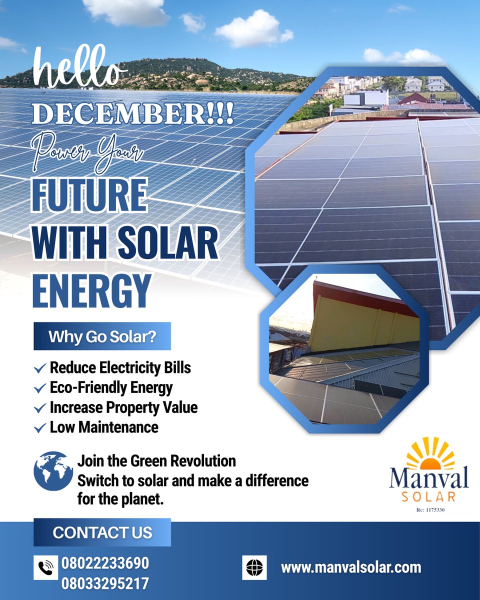 SolarManval's tweet photo. 🌞 Happy New Month, December!
From all of us at Manval Solar Technologies LTD, we wish you a bright and energy-filled month. May your homes and businesses shine with uninterrupted power all season long.
 Cheers to a December full of light!
#HappyNewMonthfamz #solarballsnsfw https://t.co/RT4MUcXjVK
