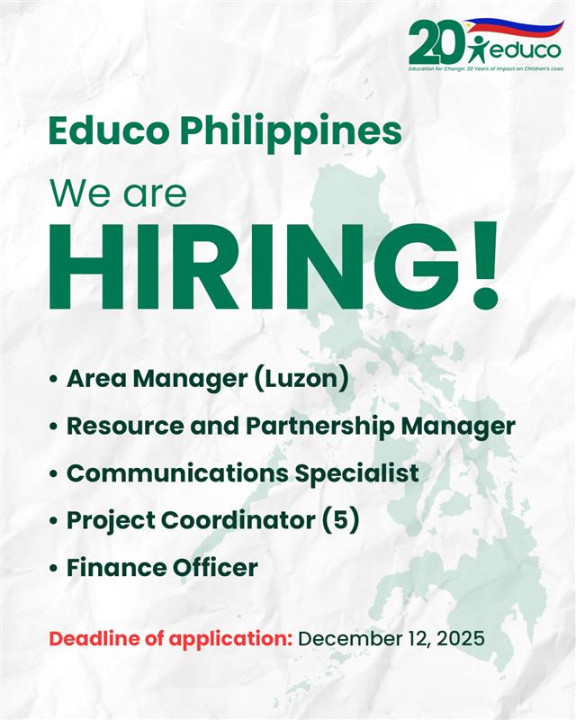 EducoPH's tweet photo. 📣 We’re Hiring! Join Educo Philippines! 💚 

Educo Philippines is expanding its team and we are looking individuals who believe in child rights, education, protection, and humanitarian action. If you’re ready to make meaningful impact, we want to meet you! 

#Hiring #NGOJobs https://t.co/oMEpBv0kcX
