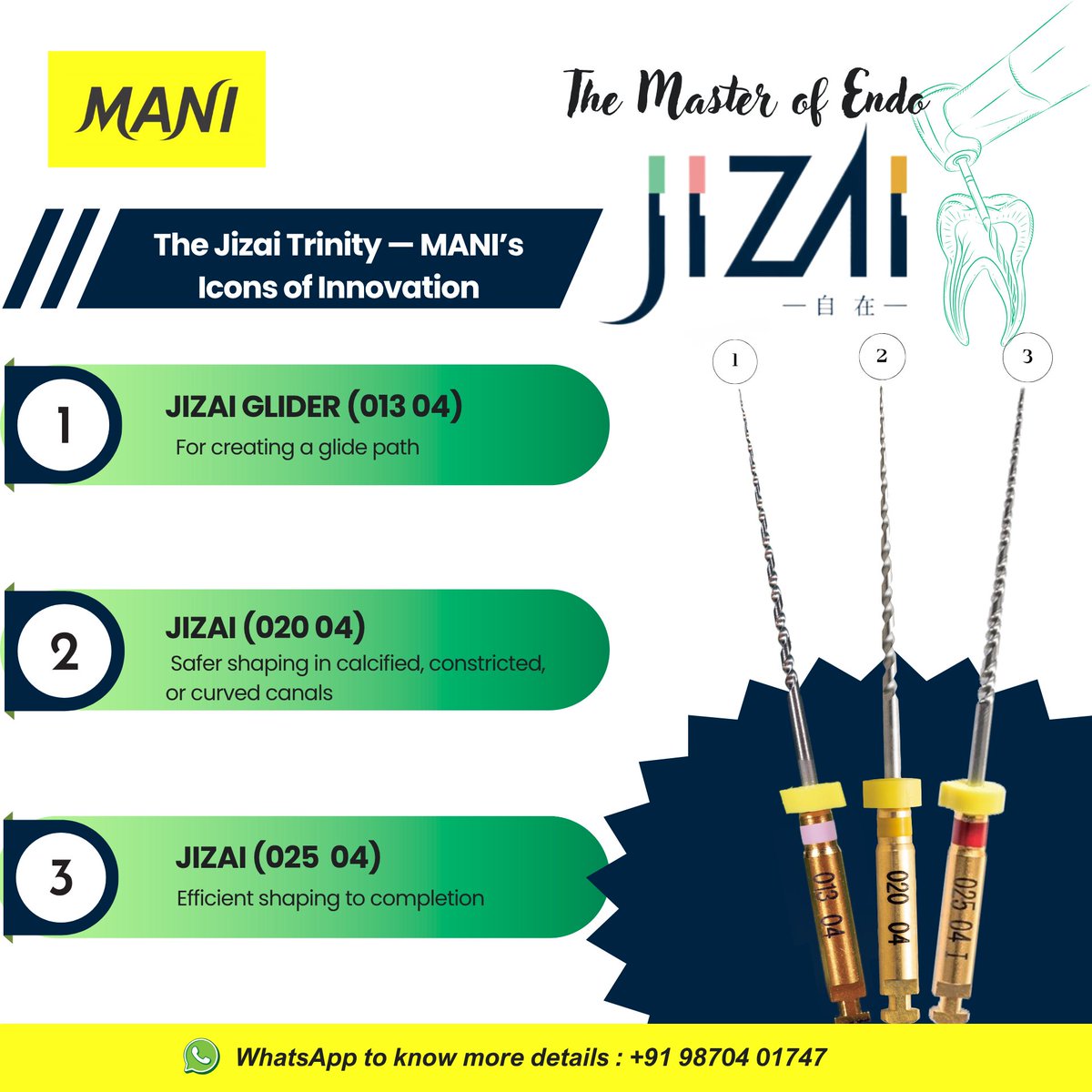 ManiMedicalInd's tweet photo. The JIZAI Trinity- MANI's Icons of Innovation
JIZAI Glider (013 04)
JIZAI (20 04)
JIZAI (25 04)

#jizai #rotaryfiles #dentalinnovation #dentalinstruments #dentalworld #dentalcollaboration #manimedical #manimedicalindia #endodontics #rootcanaltreatment #rct #masterofendodontics https://t.co/1py0FQ7ADS