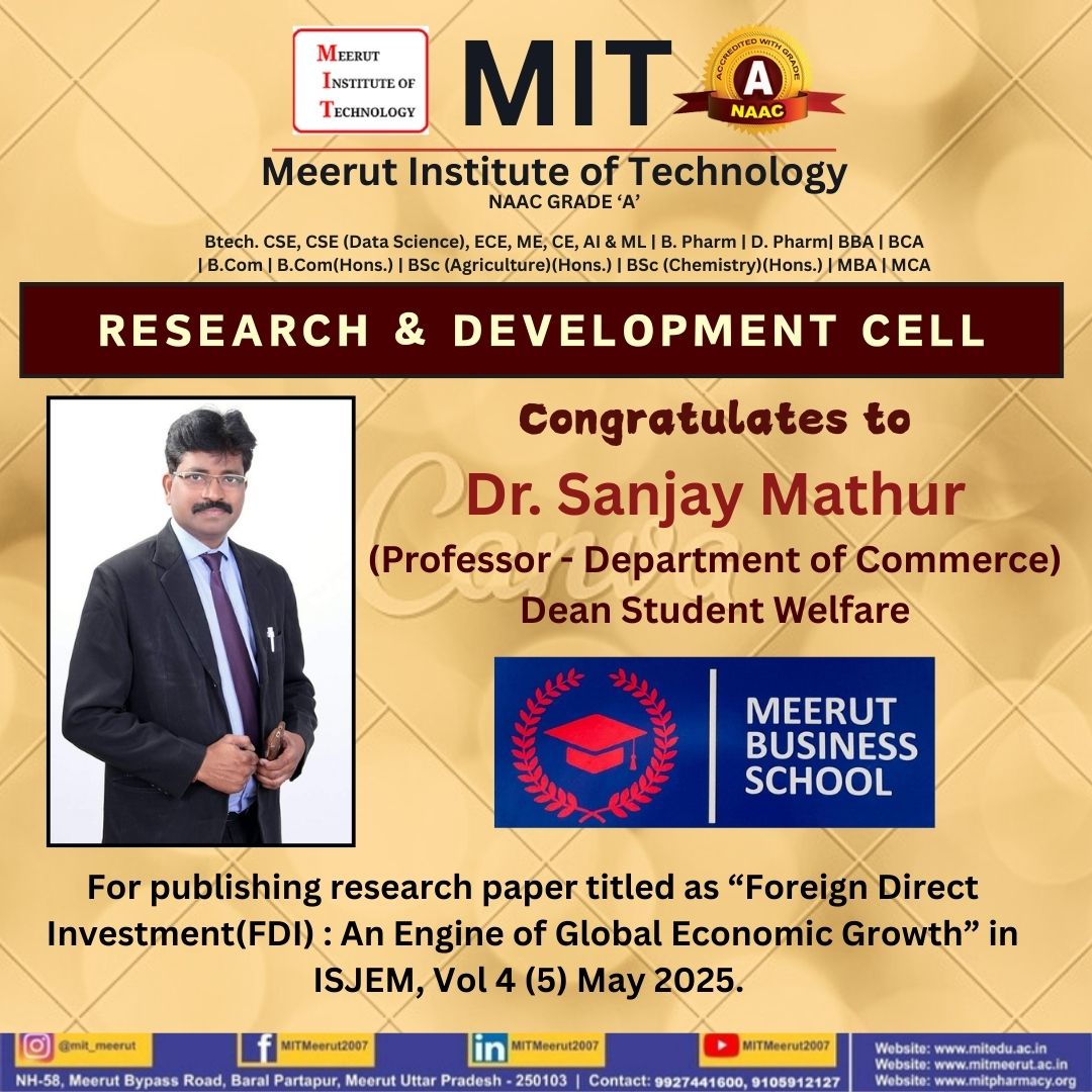 MITMeerut07's tweet image. 🎉 Proud Moment for MIT Meerut!

The Research &amp;amp; Development Cell of Meerut Institute of Technology proudly congratulates Dr. Sanjay Mathur (Professor – Department of Commerce &amp;amp; Dean Student Welfare) for his exceptional academic achievement.

#MITMeerut #ResearchAndDevelopment