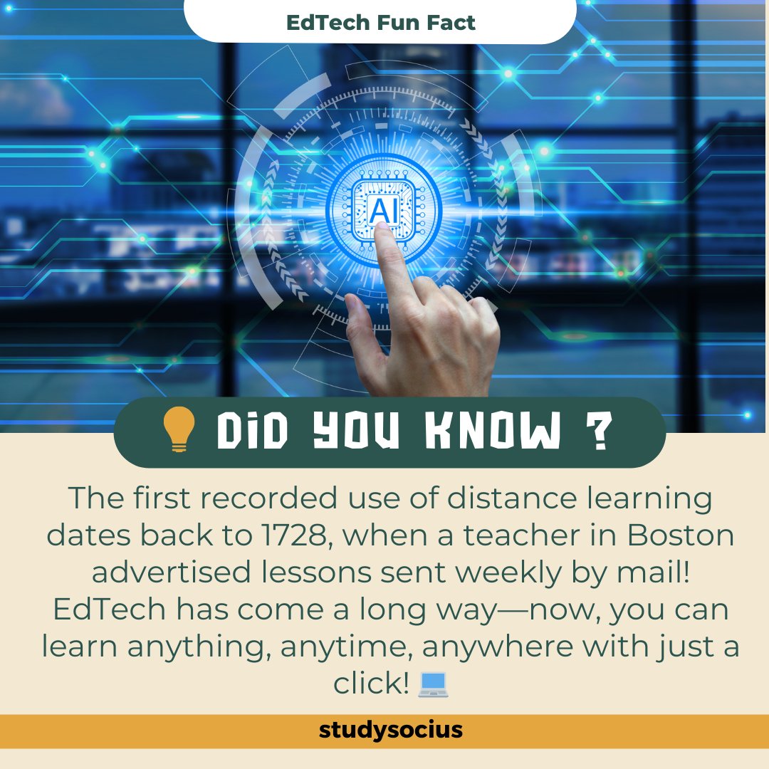 studysocius's tweet image. In 1728, a Boston teacher offered weekly lessons by mail—the earliest form of distance learning! 📬
EdTech has evolved massively. Now you can learn anytime, anywhere with a single click. 💻✨
StudySocius brings learning to the next level.

#edtech #elearning #distancelearning