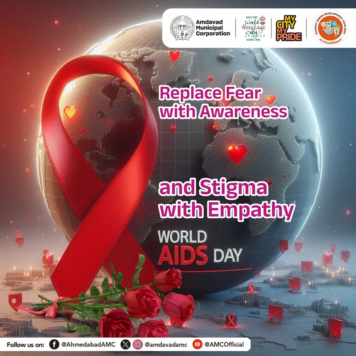 AmdavadAMC's tweet image. Millions of people who are HIV positive face discrimination, exclusion and judgement. Today on World AIDS Day, let’s stand together to raise awareness and end the stigma surrounding this disease. Let’s treat those affected with respect and dignity, and fight misinformation with…