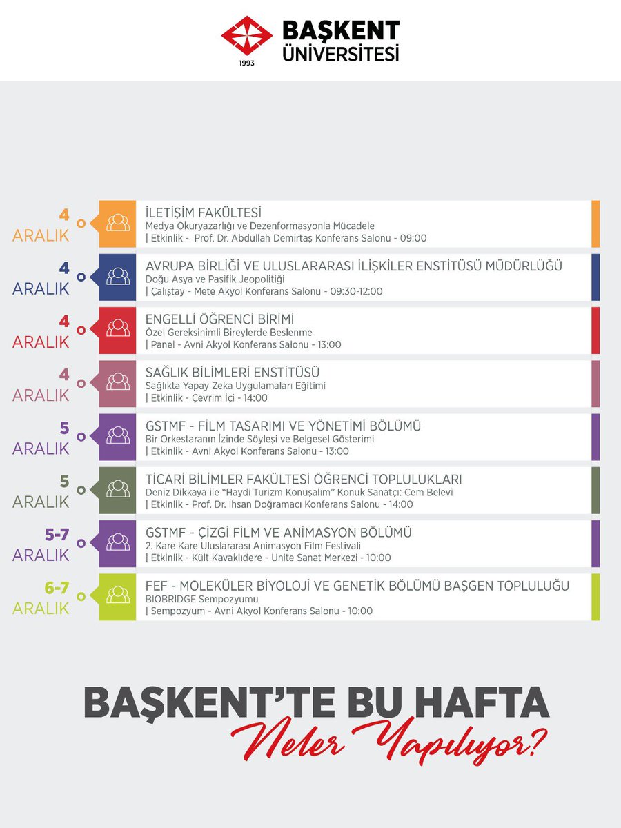 Üniversitemizin bu hafta gerçekleştireceği etkinliklerimize tüm öğrenci ve mensuplarımızı bekliyoruz⚪️
.
.
.
#başkentüniversitesi #etkinlik