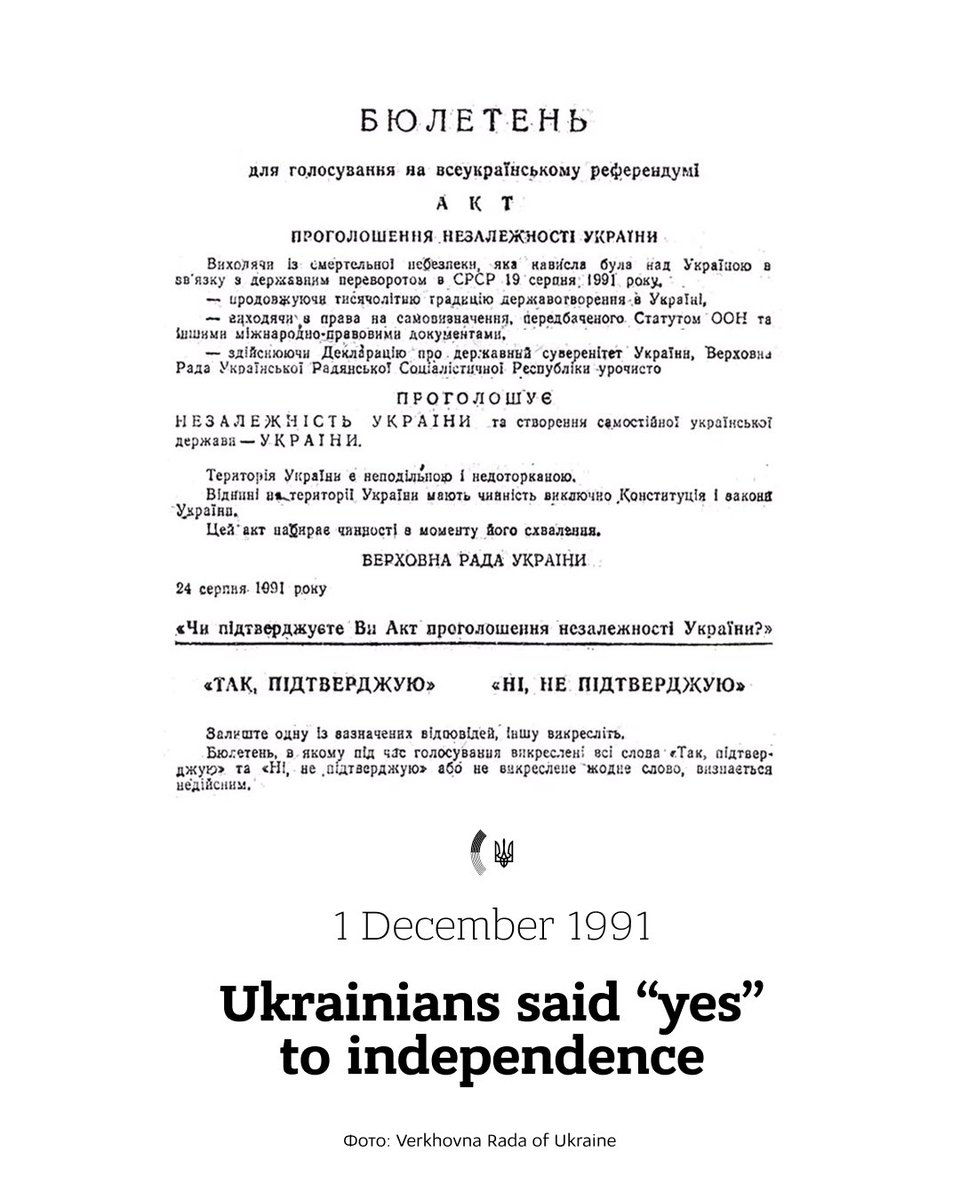 andrii_sybiha's tweet image. On this day in 1991, more than 90% of Ukrainians chose independence. 

The clear majority answered “Yes” to confirm the Act of Declaration of Independence of Ukraine in all the regions, including in the east and Crimea. 

It was a long-awaited choice to live in a free,…