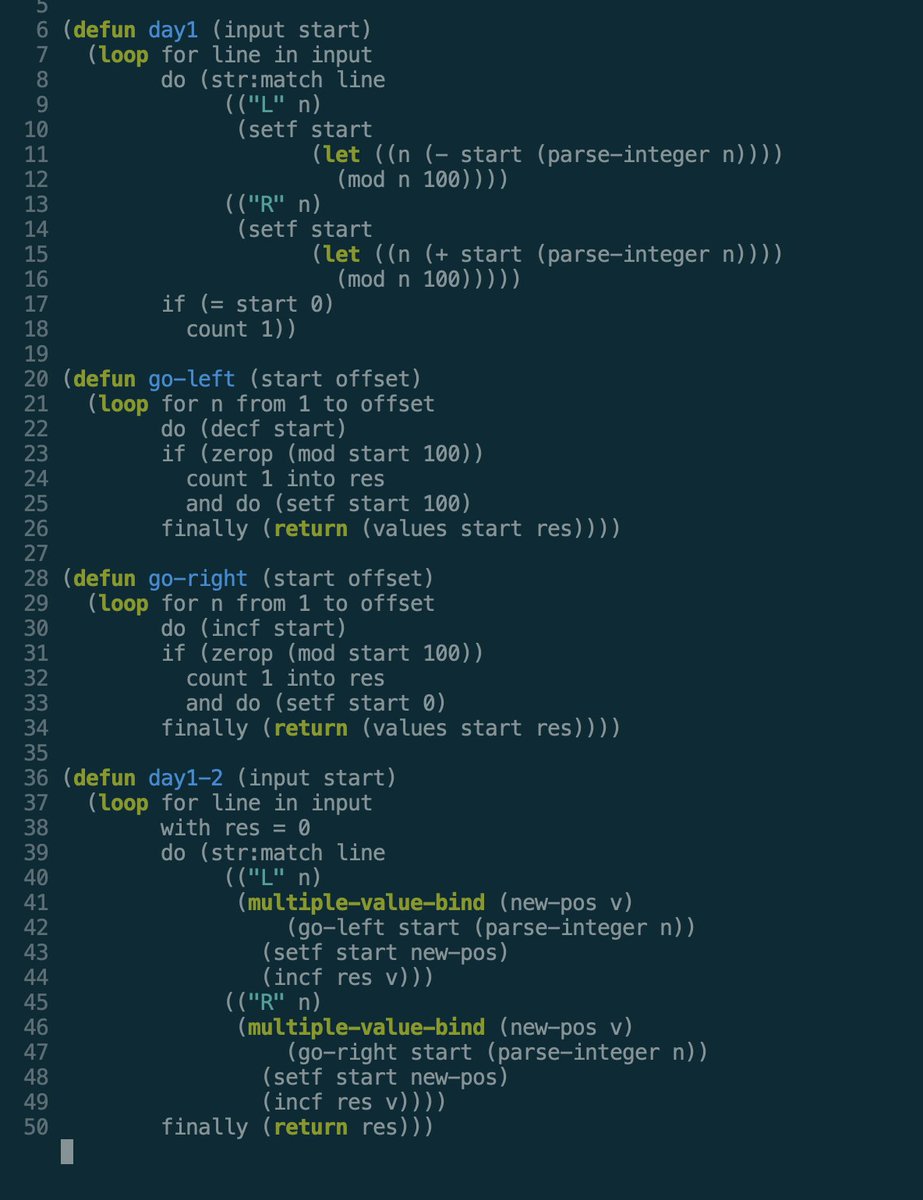 ccQpein's tweet image. #AdventOfCode 2025 day 1 #lisp 

The part 1 is pretty easy because the lisp&apos;s modulo can get the answer directly. 

Part2 just waste me a looooooooong time. Keep getting the wrong number when I try to get some fine solution. 

Screw it, I do my stupid bruce force